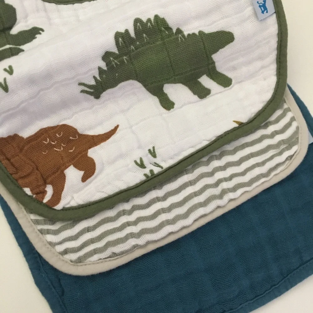 Cotton Muslin Baby Bibs Set of 3 Dinosaurs, Stripes Solid NEW | Little Unicorn